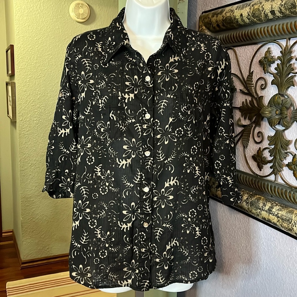 Woolrich Essential Women’s Button Cotton SS Shirt  - black/ tan print Sz MP